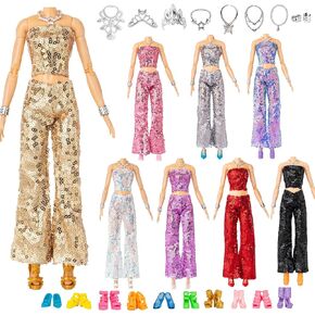 Glitter Sequin Mermaid Doll Clothes and Accessories - 12 Sequin Sparkly Glitter Party Club Dress, 2 Different Crown Ornament and 3 Beautiful Necklace, 2 Wide Bracelets, 10 Shoes, 29 Gift Set