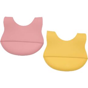QIKOKU Set of 2 Cute Food Grade Silicone Bibs for Infants (10-72 Months) Waterproof Soft Non-Toxic Easy to Clean (Pink/Yellow)