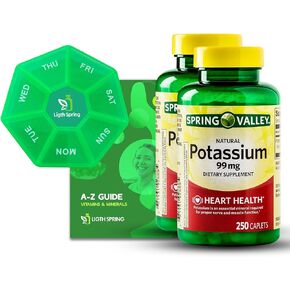 Spring Valley Potassium Capsules, 99 mg, 250 Count (2 Pack) with Exclusive Vitamins & Minerals A to Z - Better Light&Spring Guide + Weekly Pill Organizer (4 Items)