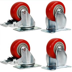 4 Packs 3 Inches (2 with Brakes, 2 Without) Fixed Caster Wheels Set, KINJOEK Polyurethane Caster Wheels with Brakes for Carts, Furniture, Workbench, Trolley, 617lb Total Capacity