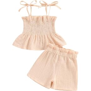 VISGOGO Infant Baby Toddler Girls Summer Clothes Solid Color Sleeveless Camisole Linen Short Set Baby Summer Outfits