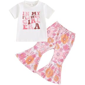 YOKJZJD Toddler Baby Girl Outfits In My Flower Girl Era Floral Short Sleeve T-Shirt Tops Bell Bottom Pants Set Summer Clothes