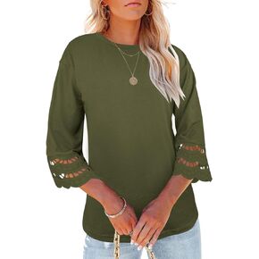 Yuccalley Women's 3/4 Lace Sleeve Summer T-Shirts Casual Round Neck Loose Fit Tee Tops