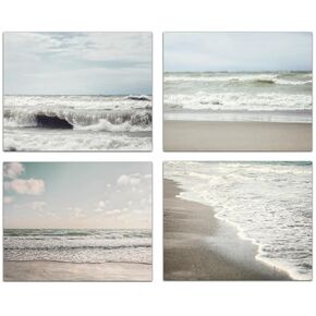 LISA RUSSO FINE ART - Muted Coastal Beach Wall Art Set of 4 SMALL 5x7" Prints - Not Framed - Shabby Chic Beach, Ocean, Sea Pictures in Neutral Blue, Grey, Brown for Bathroom, Bedroom, Office Decor