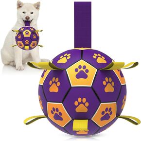 QDAN Dog Ropes Toys Soccer Ball with Straps, Interactive Dog Toys for Tug of War, Puppy Birthday Gifts, Dog Tug Toy, Dog Water Toy, Durable Dog Balls for Small & Medium Dogs-Purple&Gold（6 Inch）