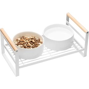 Elevated Cat Bowls Stand, Adjustable Raised Pet Bowl Stand Feeder, Upgraded Laser Precision Positioning Drilling, Anti-Slip Metal Wire Stand with 2 Ceramic Bowls for Cats and Dogs, 20 oz Each