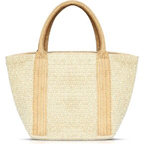 Straw Bag, Beach Bags for Women, Woven Beach Hand Bag Handmade Rattan Handbag for Vacation Travel Daily (Khaki)