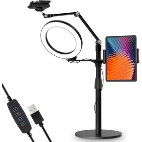 viozon 3-in-1 Selfie Desktop Live Stand, Height Adjustable/Overhead, 8" LED Ring Light, Compatible with 3.5-13" Tablet& Phone, Suitable for YouTube/Tiktok/Recording/Streaming/Online Meeting-B