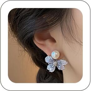 Quizzhe Vintage Pearl Drop Earrings Dangling Blue Faux Crystal Sweet Bow Statement Stud Dainty Rhinestone Bow Pearl Earrings Trendy Wedding Party Jewelry Gifts for Teen Girls