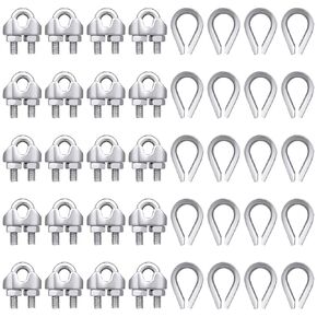 40 Pcs 1/8 Inch M3 Metal Wire Rope Cable Clip and M3 Stainless Steel Thimble for 1/8 Inch Diameter Steel Wire Rigging Rope Tent Rope Guardrail System