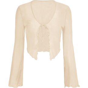 Verdusa Women's Sheer Shrug Crop Top Long Sleeve Tie Front Lettuce Trim Mesh Open Cardigan Top Apricot Medium