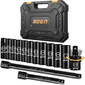 BOEN 14-Piece 3/8" Drive Deep SAE Impact Socket Set, 3/8" to 1" Socket, 3/8-Inch Drive Universal Joint丨6", 10" Extension Bars, 6 Point Design, Cr-V Steel, Heavy Duty Storage Case