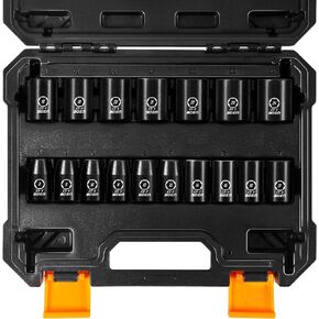 BOEN 14-Piece 3/8" Drive Deep SAE Impact Socket Set, 3/8" to 1" Socket, 3/8-Inch Drive Universal Joint丨6", 10" Extension Bars, 6 Point Design, Cr-V Steel, Heavy Duty Storage Case