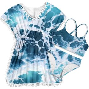 Girls Bathing Suits with Coverup Bule Swimsuit Size 9-10 Teens Bikini 3 Piece Sets Ocean Tankini Outfit Beach Wear Pom Pom Trim