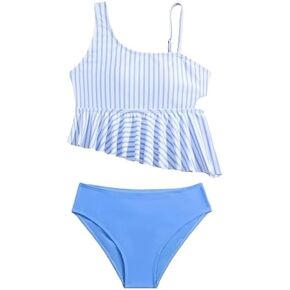 OYOANGLE Girl's 2 Piece Tankini Swimsuit Striped Print Asymmetrical Ruffle Bathing Suit Summer Swimwear
