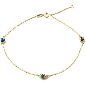 LoveBling 10K Yellow Gold .5mm Rolo Chain with Evil Eye Charms Anklet Adjustable 9" to 10" (#45)