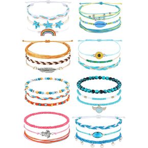 JOERICA 24 Pcs Waterproof String Bracelets for Women Handmade Friendship Bracelet Ocean Beach Boho Bracelets Anklets for Women Surfer Wave Boho Adjustable Bracelet Summer Jewelry