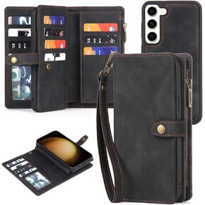 TwoHead for Samsung Galaxy S23 Wallet Case with Card Holder & Detachable Magnetic Phone Case for S23 6.1 inch,PU Leather Shockproof Protective Phone Case Wallet with Wrist Strap(Dream Black)
