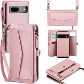 DKDKSIP for Google Pixel 8 Pro Wallet Case for Women, Pixel 8 Pro Case with RFID Blocking Card Holder, Leather Zipper Wallet Detachable Magnetic Phone Case with Crossbody Strap, Pink