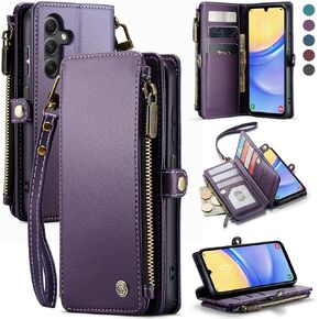 Defencase for Samsung Galaxy A15 5G Case, RFID Blocking for Samsung A15 5G Case Wallet with Card Holder for Women, Fashion PU Leather Magnetic Flip Zipper Strap Phone Case for Galaxy A15 5G, Purple