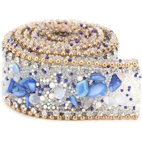 Crystal Ribbon Mesh Wrap Roll Crystal Rhinestones Ribbon Trim for Arts Crafts DIY Party Decor (Blue Stone + Gold Bead Chain)
