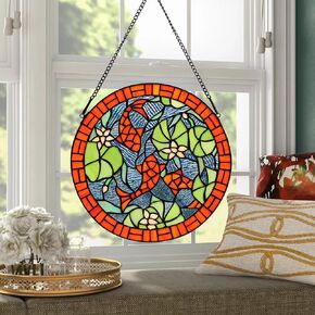 bwkoiujes Stained Glass Window Hanging Tiffany Plant Style 12" Roud Blue Flowers Suncatchers Wall Decor Panel Includes 20" Chain and Hooks The Perfect Housewarming Gift