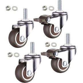 عجلات جذعية مقاس 1 بوصة، عجلات عالمية صغيرة M6x15mm خيط + براغي، عجلات منخفضة المستوى سعة تحميل 96 رطلاً، 4 قطع، مع فراملين