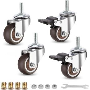 1.25 Inch Low Profile Furniture Casters, Mute Swivel Rubber Wheels with M6x15mm Stem Threaded Mini Casters, Load Capacity 150lbs in Kuwait