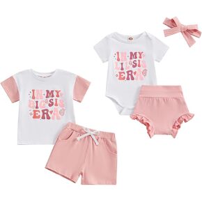 Omkzanbi Big Sister Little Sister Matching Outfit in My Big/Lil Sis Era Bodysuit Shirt Ruffle Shorts 2Pcs Cute Summer Clothes