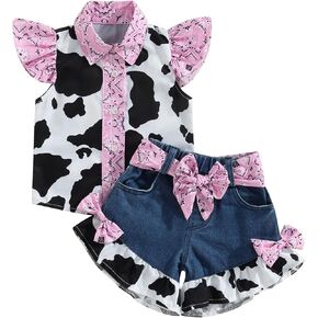 Mialoley Western Kid Girls Denim Shorts Outfits 1-6T Toddler Baby Ruffle Cow Print Shirt Button Down Tops Belted Jeans Shorts