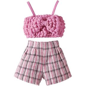 Mubineo Toddler Baby Girl Summer Clothes Boho Plaid Outfits Sleeveless Tops Shorts Set Little Kids Outfit Clothing