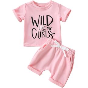 ملابس fhutpw للفتيات الصغيرات بأكمام قصيرة وقمصان وقمصان قصيرة ومجموعات ملابس صيفية 3 6 12 18 شهرًا (Wild Like My Curls Pink، 18-24 شهرًا) in Kuwait
