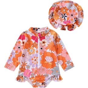 Toddler Baby Girl Swimsuit Zipper Rash Guard Bathing Suit Floral One Piece Bikini Ruffles Long Sleeve Swimwear