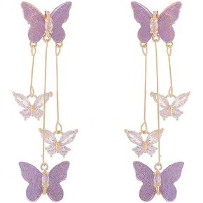 Purple Butterfly Tassel Earrings for Women Crystal Rhinestone Drop Earrings Animal Drop Dangle Charm Earrings (butterfly earring)