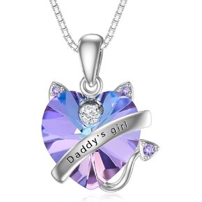 YAFEINI Daughter Necklace Sterling Silver Cat Heart Crystal Daddy's Girl Pendant Jewelry Gifts from Dad for Girls
