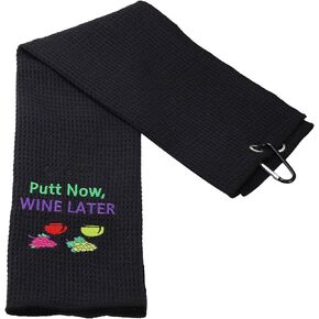 PXTIDY Golf Gifts for Women Men Putt Now Wine Later Golf Towel Golf Wine Golfer Gift Embroidered Golf Towel with Clip Gift for Golf Lover Wine Lover (black)