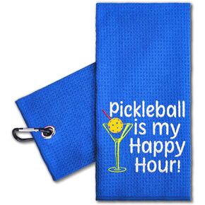 ERHACHAIJIA Pickleball is My Happy Hour Embroidered Pickleball Sports Towel with Clip. Funny Pickleball Gifts for Men Women Pickleball Lover, Birthday Retirement Mother's Day