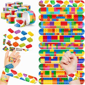 48PCS Building Block Party Favors 24PCS Tattoos 24PCS Slap Bracelets Wristbands Themed Birthdays Party Supplies Decorations Decor Block Color Pattern Girls Boys Gifts Classroom Prize Reward