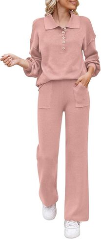 طقم ملابس صالة نسائية من TOLENY مكون من قطعتين وسترة نصف زر وبنطلون واسع الساق ملابس رياضية in Kuwait