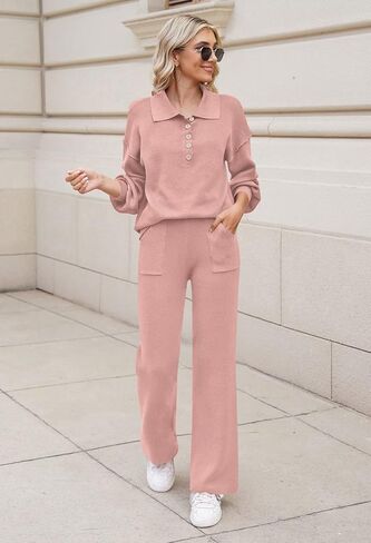 طقم ملابس صالة نسائية من TOLENY مكون من قطعتين وسترة نصف زر وبنطلون واسع الساق ملابس رياضية in Kuwait