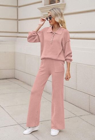 طقم ملابس صالة نسائية من TOLENY مكون من قطعتين وسترة نصف زر وبنطلون واسع الساق ملابس رياضية in Kuwait