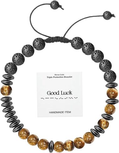 Morse Code Bracelet Triple Protection Bracelet for Women Men,Adjustable Handmade Tiger Eye Stone Hematite and Lava Stone Bracelet,Unique Gifts For Sons and Daughters (6mm, Good Luck) in Saudi Arabia
