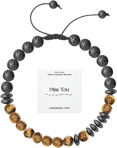Morse Code Bracelet Triple Protection Bracelet for Women Men,Adjustable Handmade Tiger Eye Stone Hematite and Lava Stone Bracelet,Unique Gifts For Sons and Daughters (6mm, Good Luck) in Kuwait