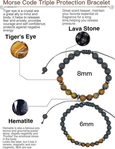 Morse Code Bracelet Triple Protection Bracelet for Women Men,Adjustable Handmade Tiger Eye Stone Hematite and Lava Stone Bracelet,Unique Gifts For Sons and Daughters (6mm, Good Luck) in Kuwait