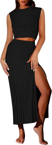 Pink Queen Women's 2 Piece Sweater Outfits Set Sleeveless Crop Top Ribbed Split Bodycon Midi Long Skirt Knit Dresses in Saudi Arabia