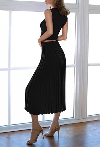 Pink Queen Women's 2 Piece Sweater Outfits Set Sleeveless Crop Top Ribbed Split Bodycon Midi Long Skirt Knit Dresses in Saudi Arabia