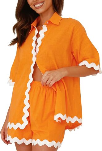 Misng Womens 2024 Summer 2 Piece Matching set Summer Beach Outfits Long Sleeve Oversized Shirts And Shorts Pajama Sets in Saudi Arabia