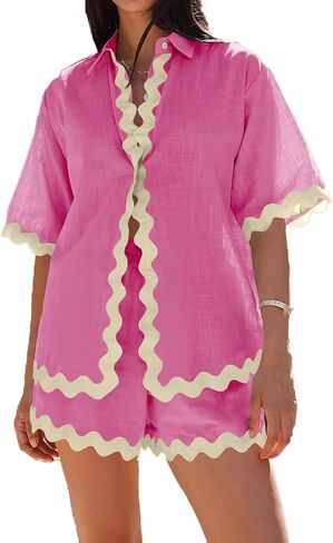 Misng Womens 2024 Summer 2 Piece Matching set Summer Beach Outfits Long Sleeve Oversized Shirts And Shorts Pajama Sets in Saudi Arabia