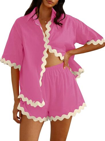 Misng Womens 2024 Summer 2 Piece Matching set Summer Beach Outfits Long Sleeve Oversized Shirts And Shorts Pajama Sets in Saudi Arabia