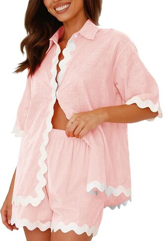 Misng Womens 2024 Summer 2 Piece Matching set Summer Beach Outfits Long Sleeve Oversized Shirts And Shorts Pajama Sets in Saudi Arabia